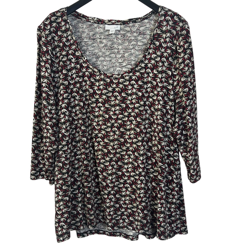 J.Jill Womens XL Floral Scoop Neck 3/4 Sleeve Cotton Modal Knit Top Black Red